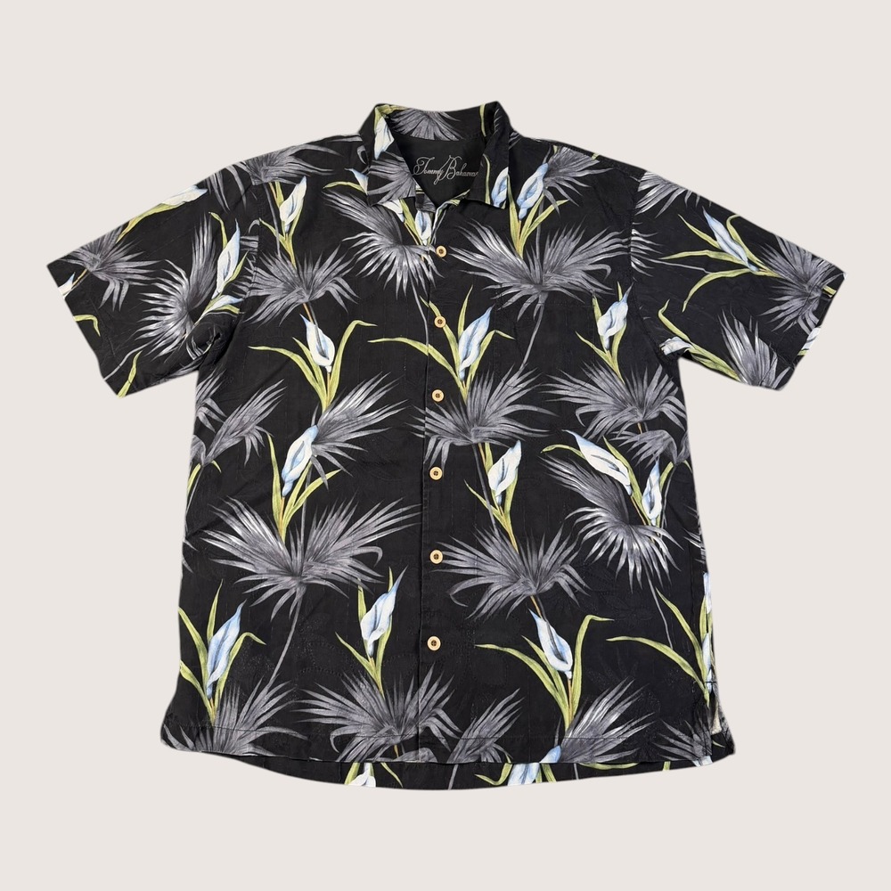 Tommy Bahama Silk Shirt Mens Large Black Tropical Aloha Camp Hawaiian Button Up